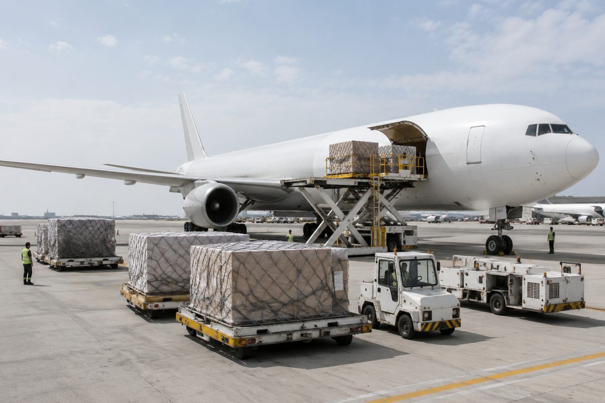 Neutral freight units are loaded onto a cargo aircraft at a safe distance.