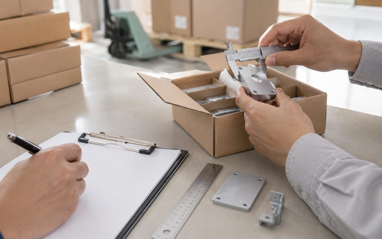 Hands compare a plain carton and product dimensions with an unreadable checklist.