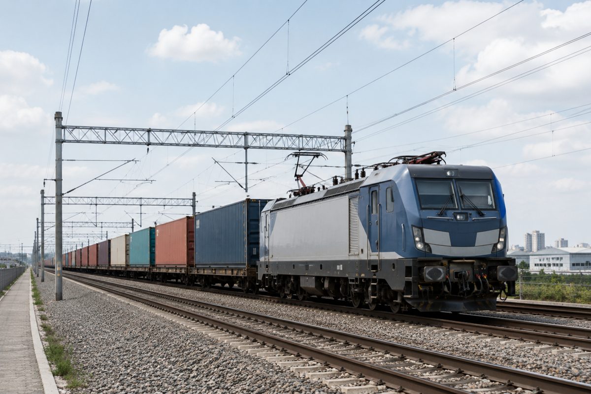 A container freight train travels along a modern rail corridor.