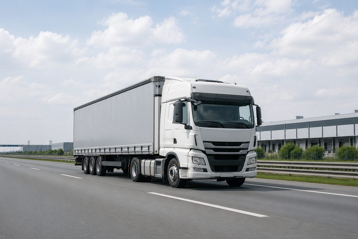 A modern freight truck travels on an open road in daylight.