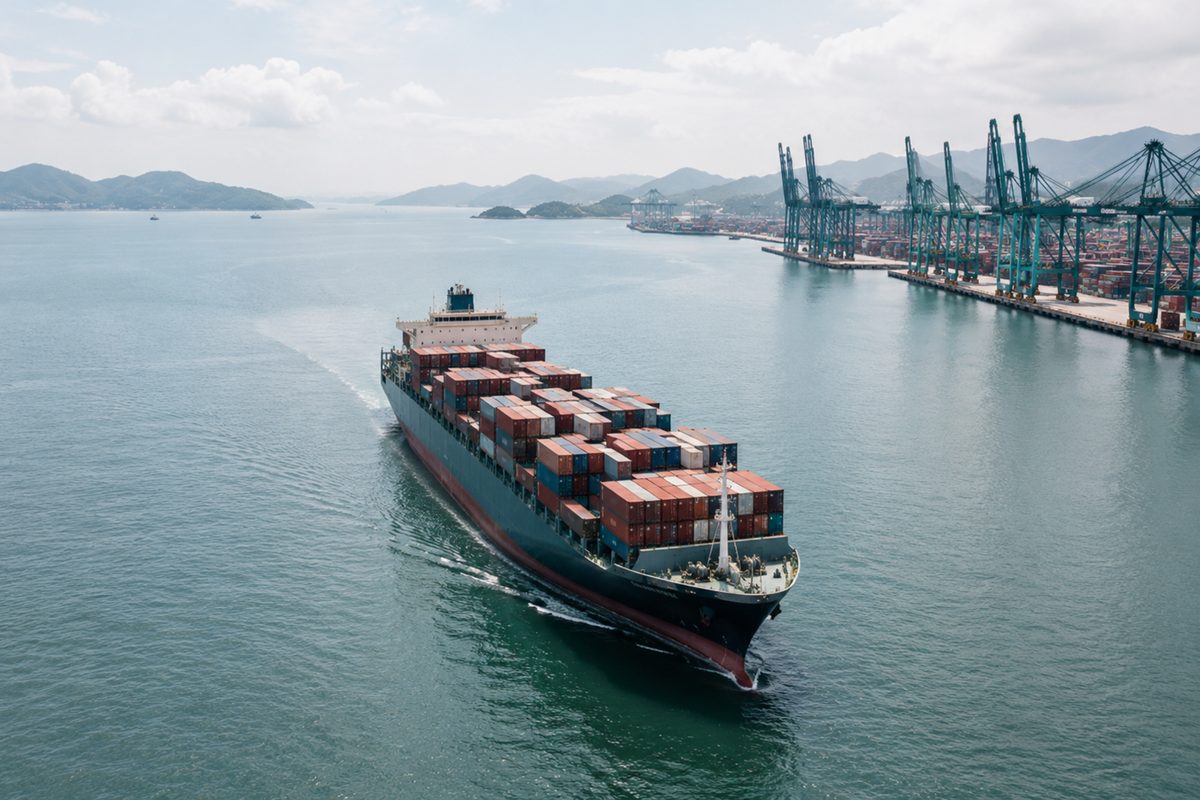 A modern container ship and port equipment in daylight.