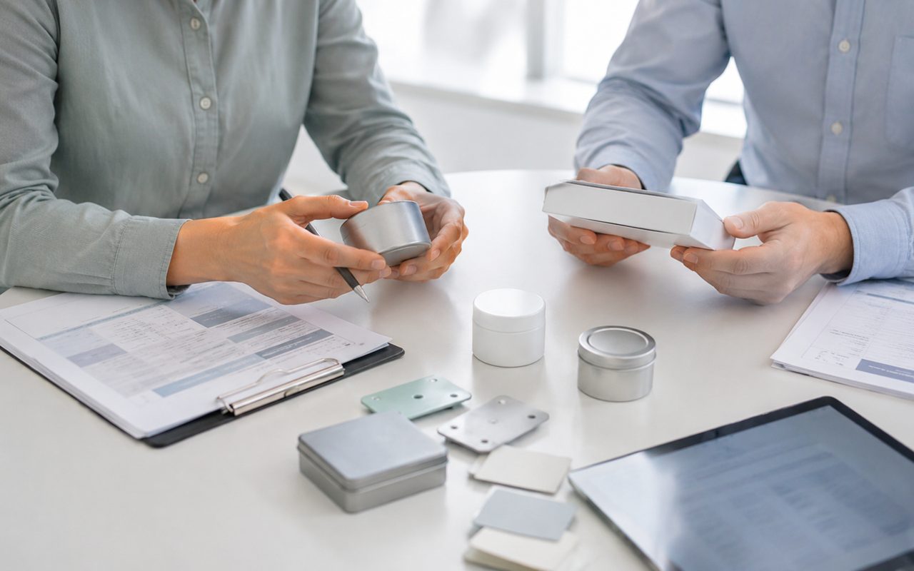 A buyer compares physical samples and quotations on a clean table.